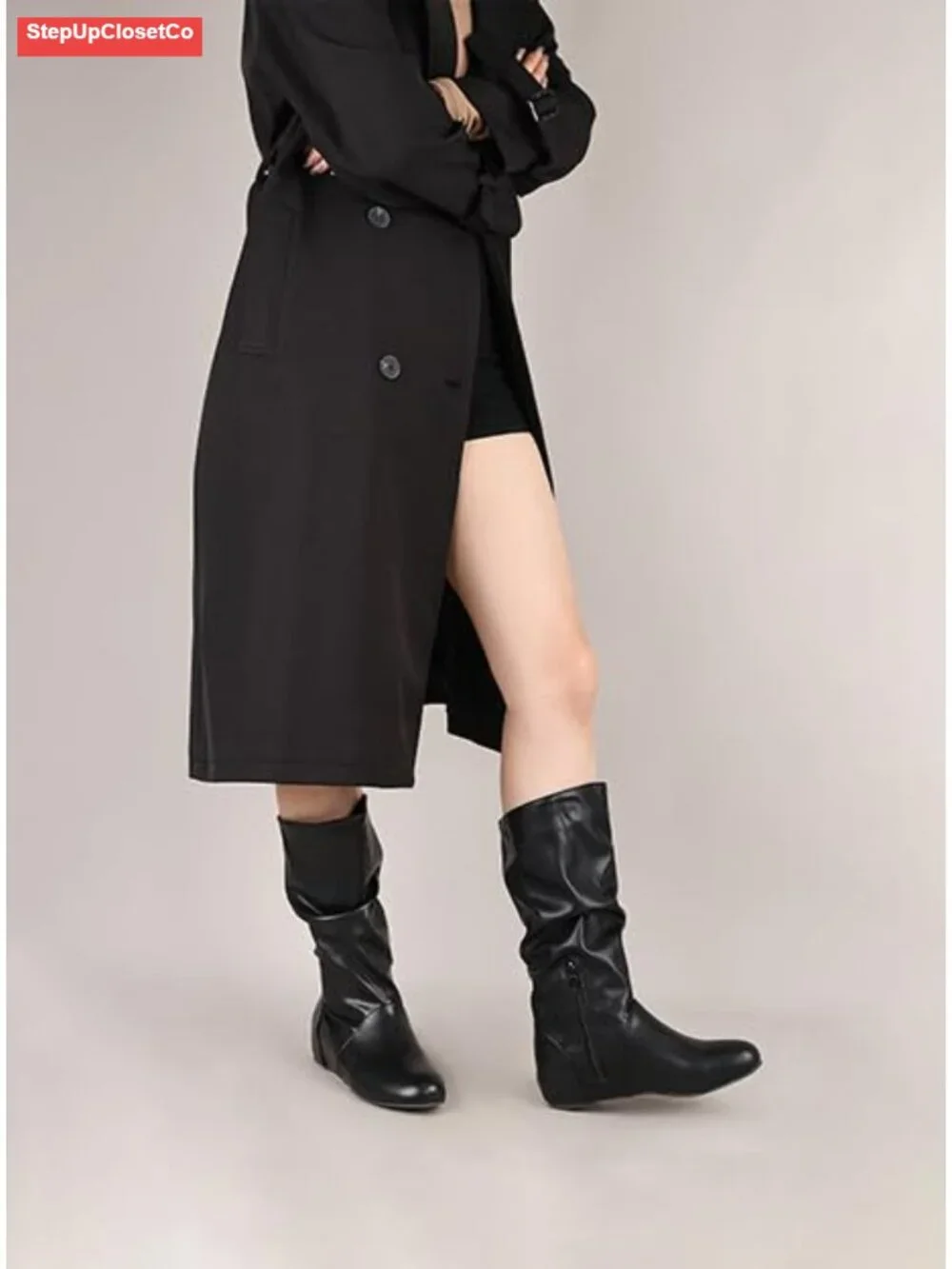 Women's Slouch Mid-Calf Boots Faux Leather Wedge Low Heel Pull On Side Zip